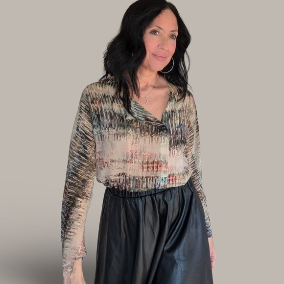 Zara Semi-Sheer Long Sleeve Blouse - Neutral Watercolor Print - Size Small - Picture 2 of 9